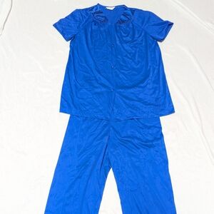 Vanity Fair 2 Piece Royal Blue Nylon Pajama Set Button Front Top With Flowers